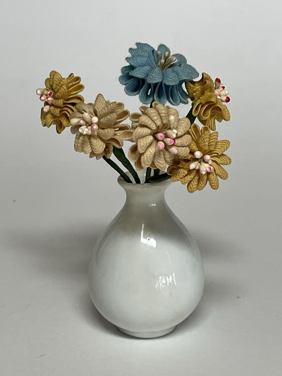 Cloth Flowers and White Ceramic Vase Miniature Decor Made in Japan 4”