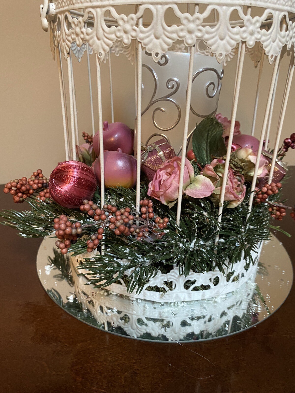 Vintage Christmas Birdcage with Pink Highlights & Pillar Candle
