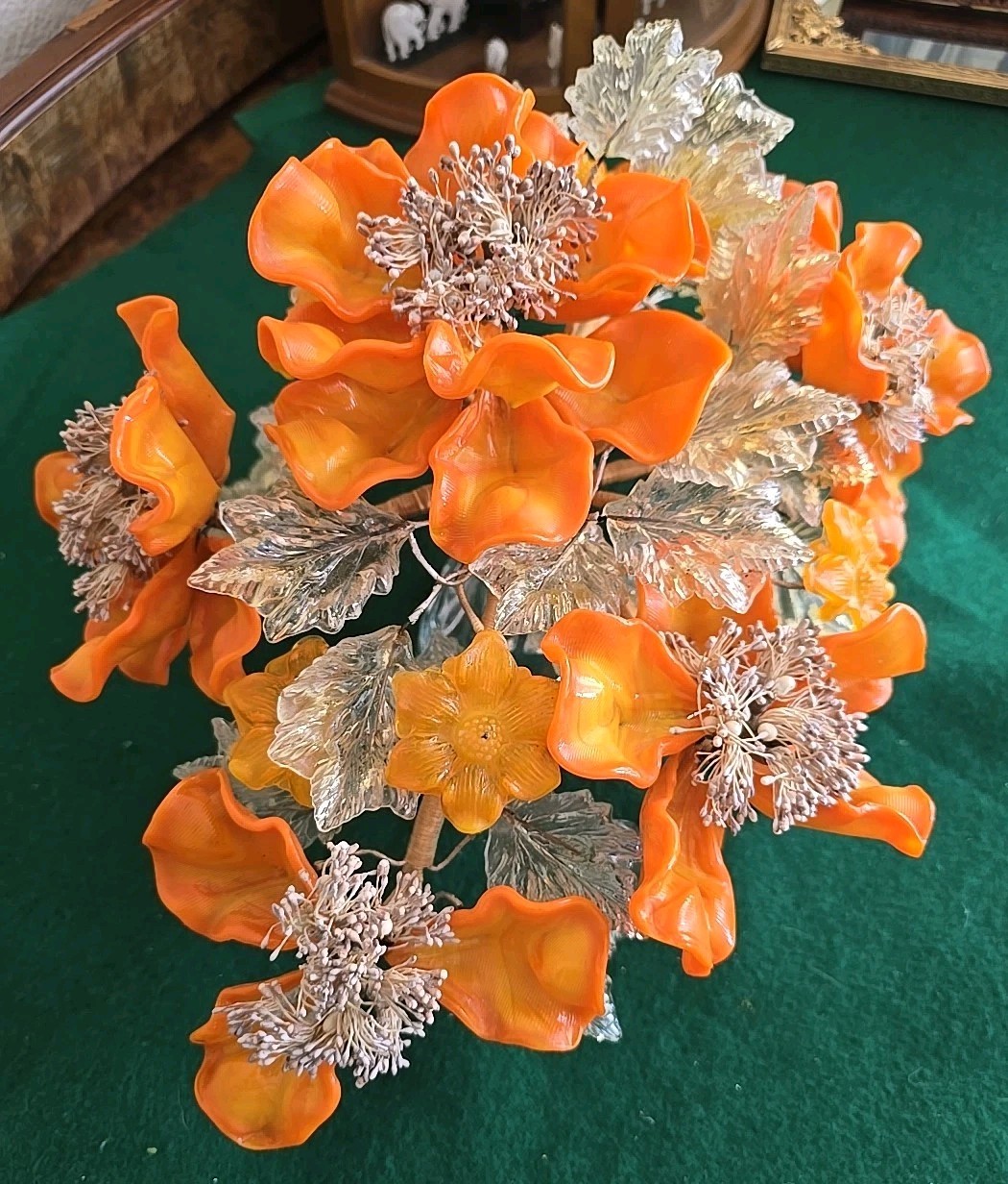 Art Glass Orange Flower Arrangement Peony Bonsai Tree Centerpiece Murano? Italy