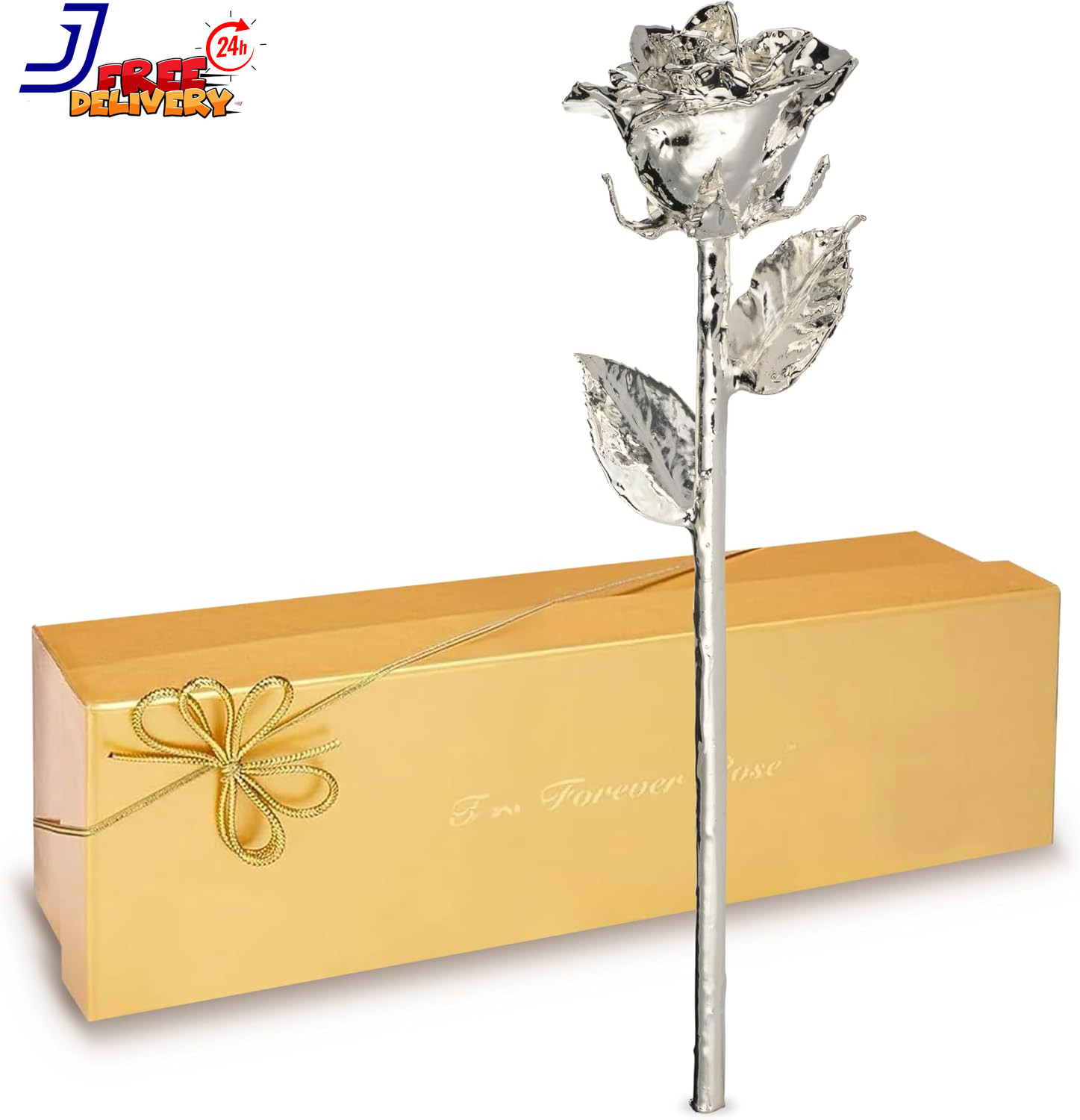 Real Rose Dipped in Silver Handcrafted Preserved Rose in Luxury Gold Gift Box Ro