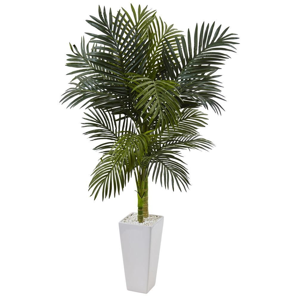 Nearly Natural 5’ Golden Cane Palm Tree in White Tower Planter Realistic Decor