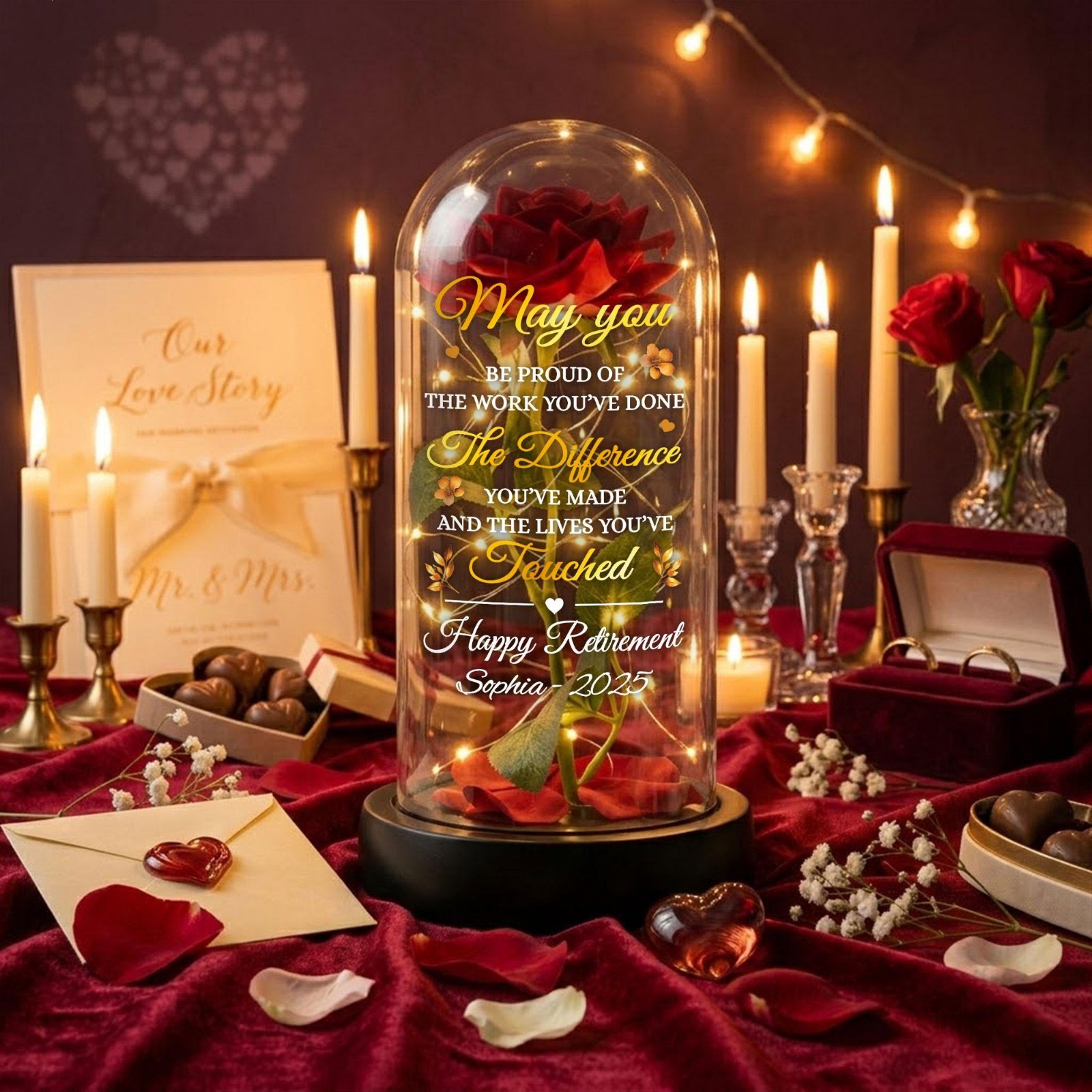 Custom Retirement Rose LED Light Lamp Unique Farewell Gift for Teacher or Cowork