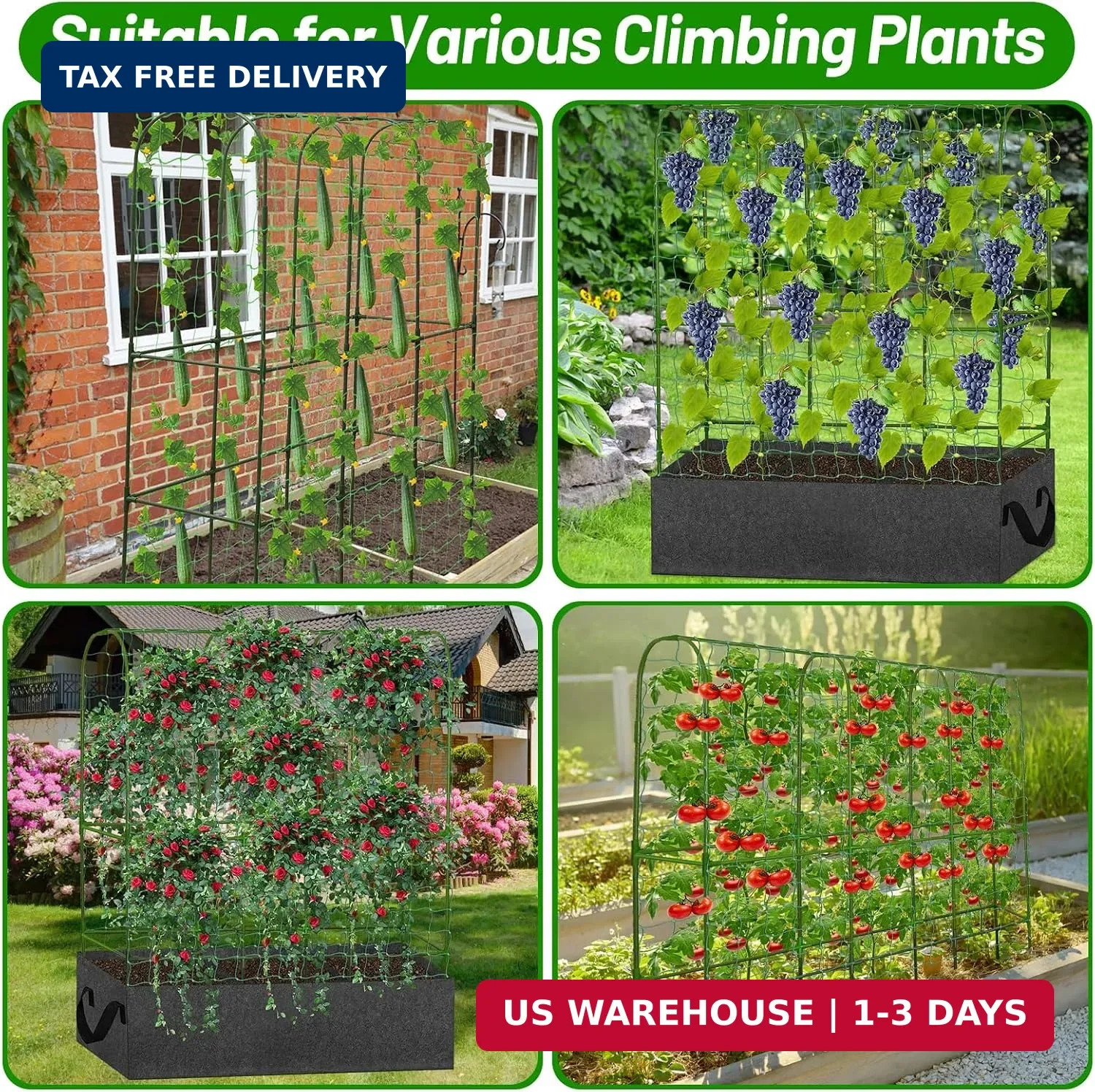 U-Shape Cucumber Trellis with Fabric Raised Garden Bed 65×50 Inch Metal Garden A