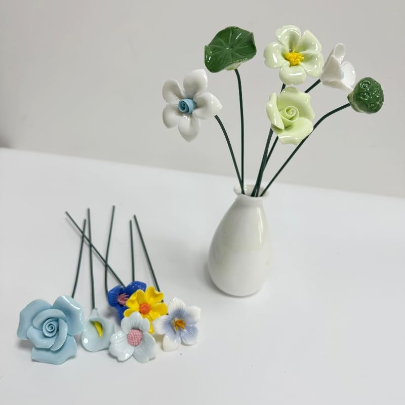 12 Pcs Handmade Ceramic Flowers Decor,Porcelain Flower Plant Stakes for Outdoor