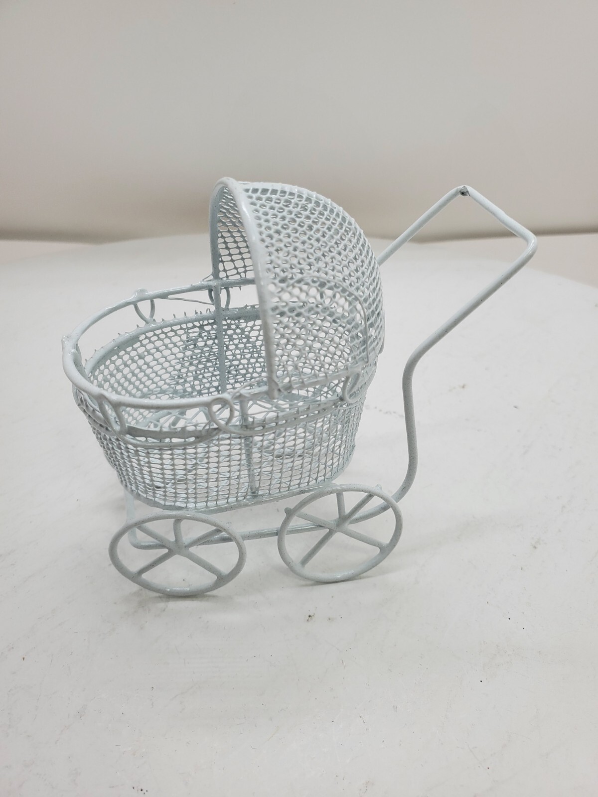 White Metal Baby Carriage Miniature For Baby Shower Cake Topper Fairy Gardens