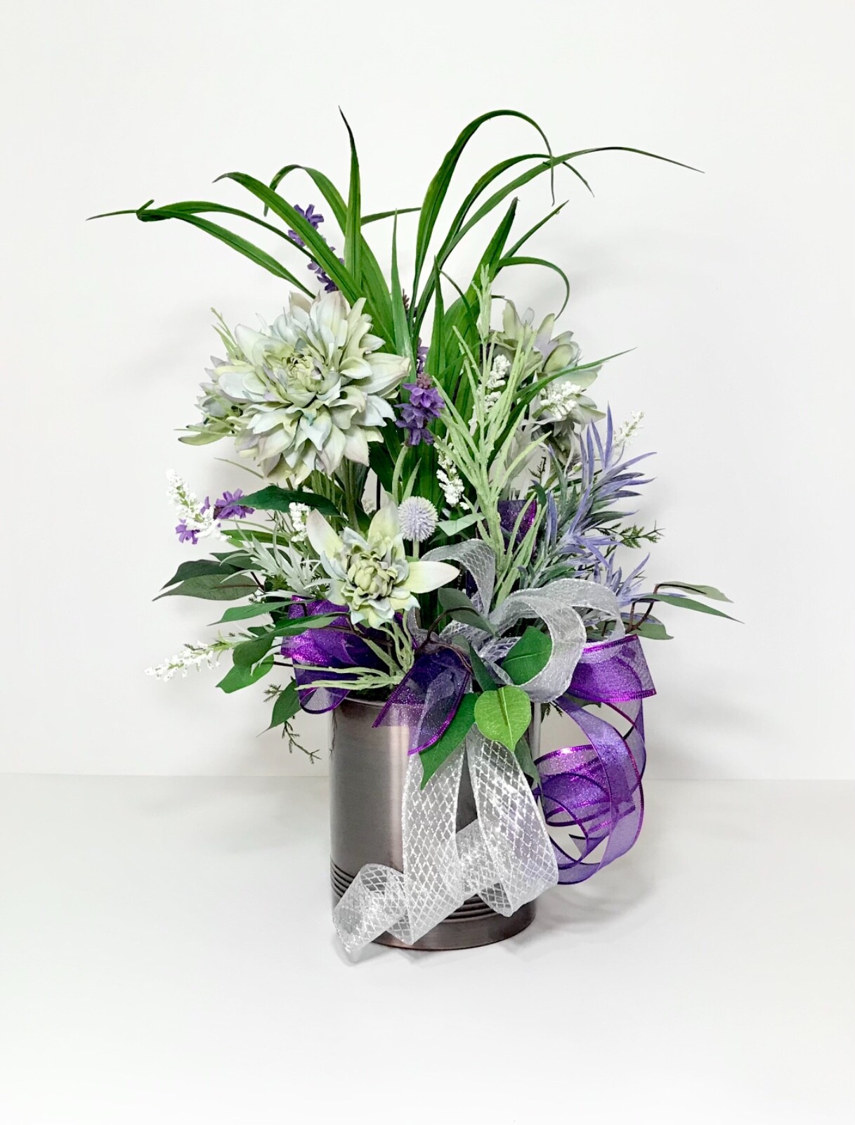 LARGE PURPLE GREEN FLORAL SPRING ARRANGEMENT BRONZE METAL CONTAINER CENTERPIECE