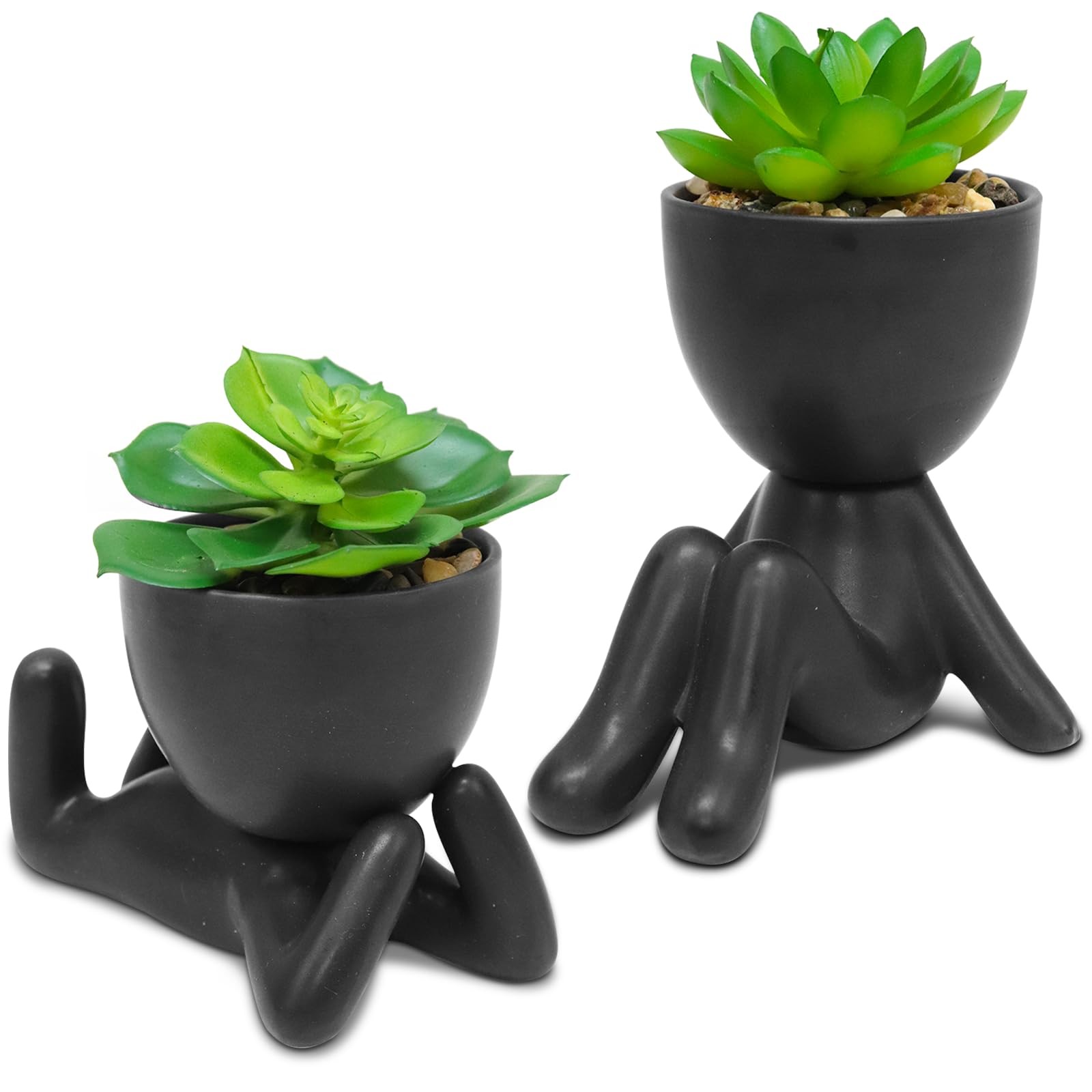 2 PCS Cute Artificial Succulent Plants Black Human Shaped Pots Desk Planter