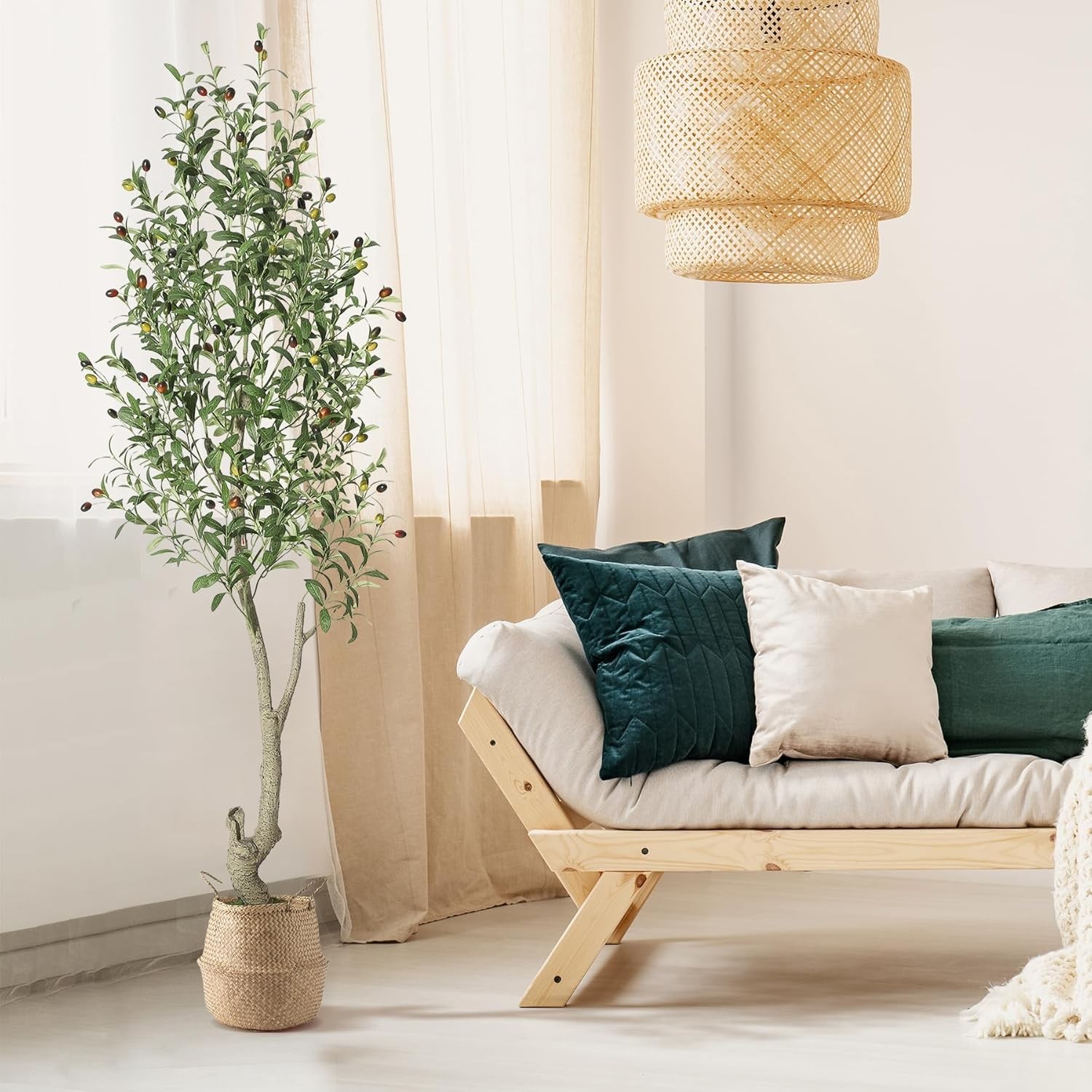 6FT Artificial Olive Tree Indoor W/ Natural Trunk &White Planter for Home Office