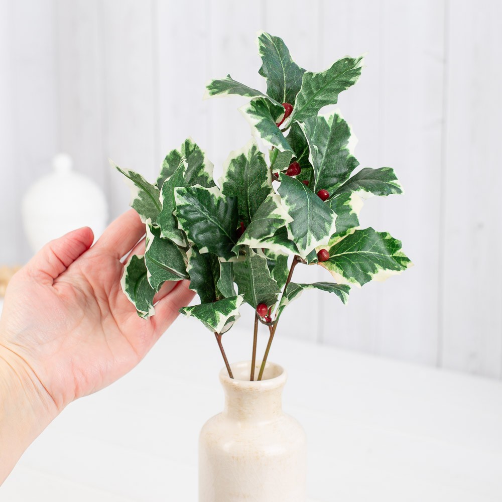 Bulk buy of 10 Variegated Artificial Holly Leaf Sprays
