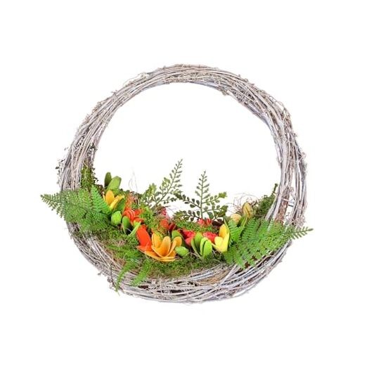 15 inch Spring Wreath with Multi Floral Colorful Wood Flowers and Mossy