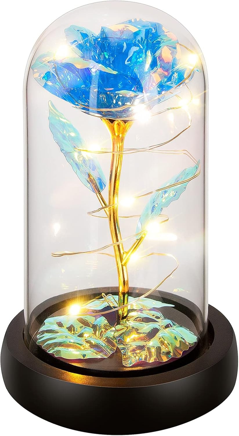 Blue Colorful Artificial Flower Rose Gift, Light up in Glass Dome, Women Gifts