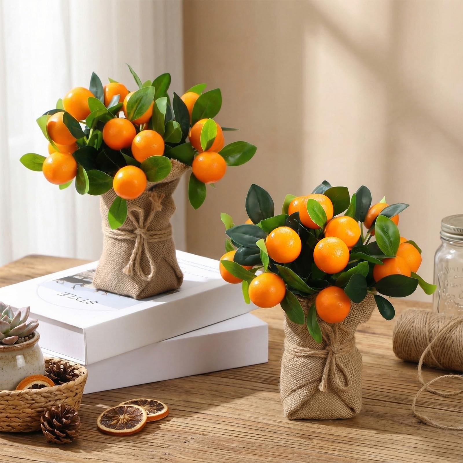 2 PK Artificial Orange Potted Plants 9.45 Inch Fake Tree Realistic Fruit Pot