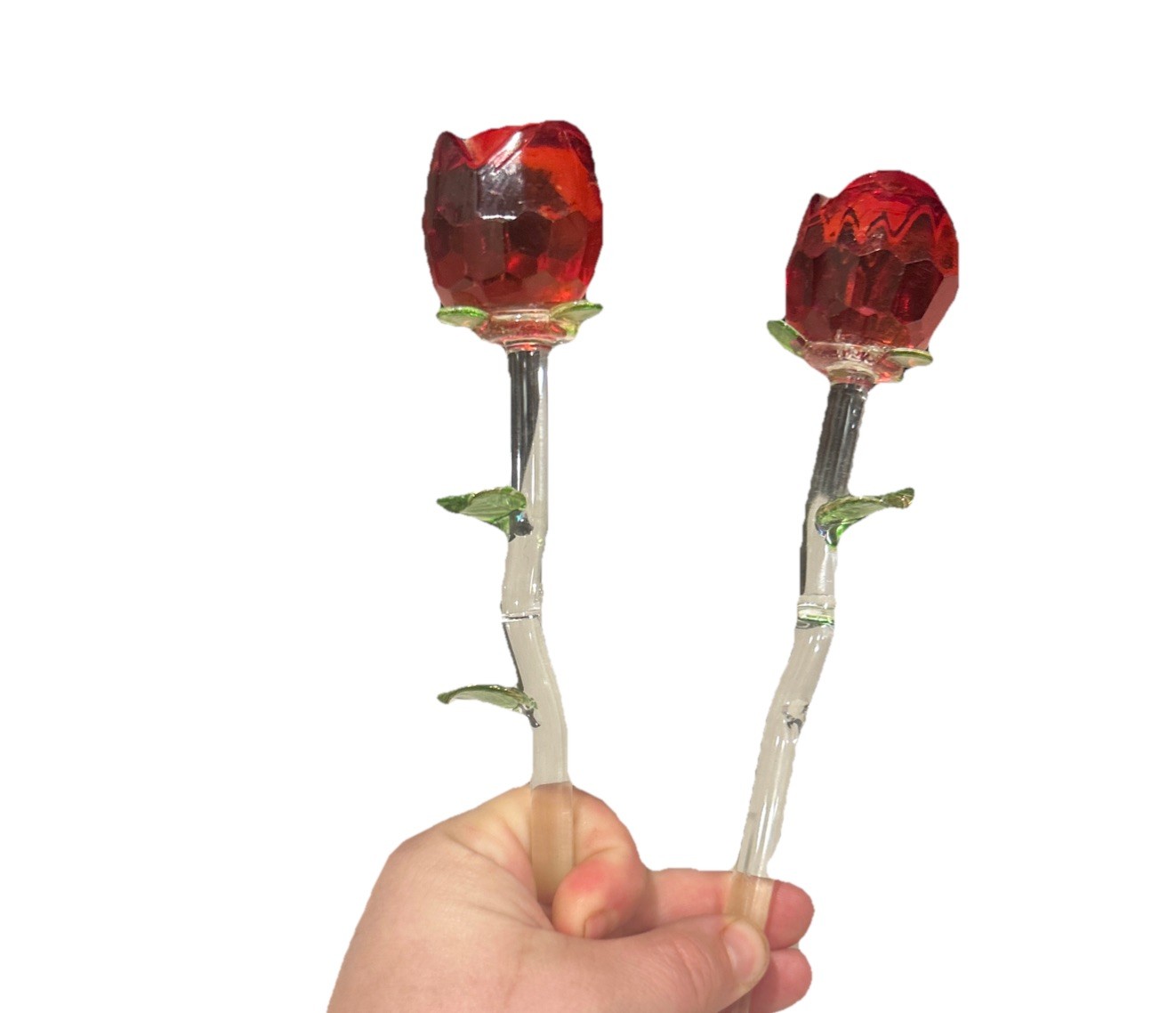 Lot 2 Crystal Glass Red Rose Clear Green Stem 13” In Tact (missing some petals)