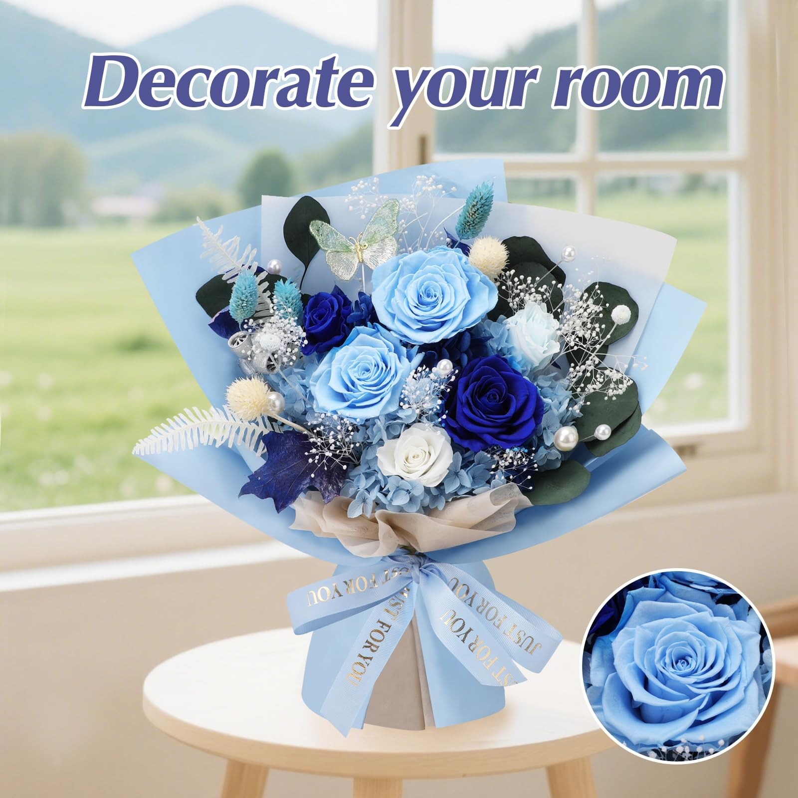 Preserved Flowers Delivery 6 Blue Roses Bouquet Real Long Lasting Forever Gift
