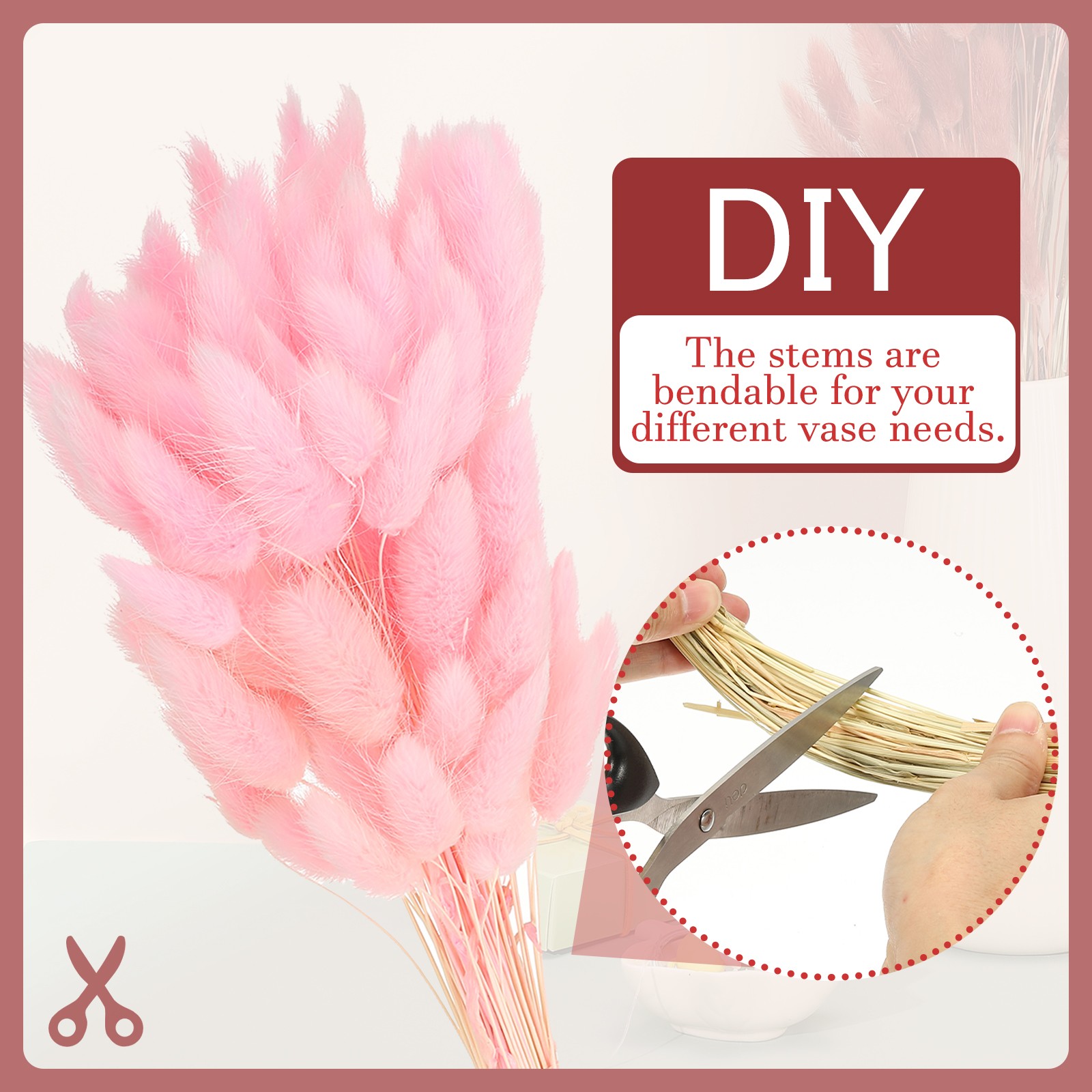 15.7in Bunny Tails Dried Flowers, 120pcs Pampas Grass Decor Rabbit Tail, Pink