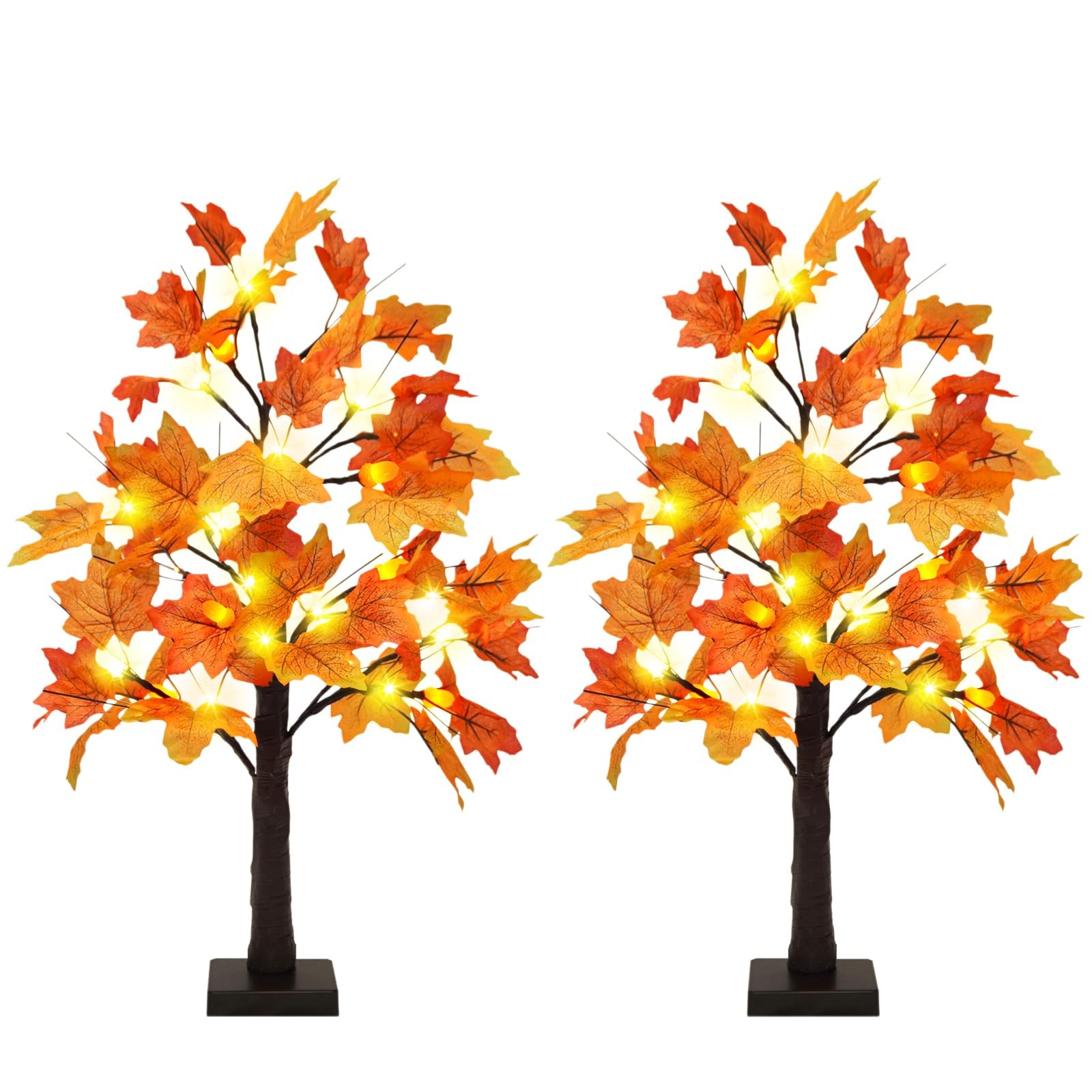 2 PCS 24 Lighted Artificial Fall Maple Tree 48 LED Pine Cones Timer