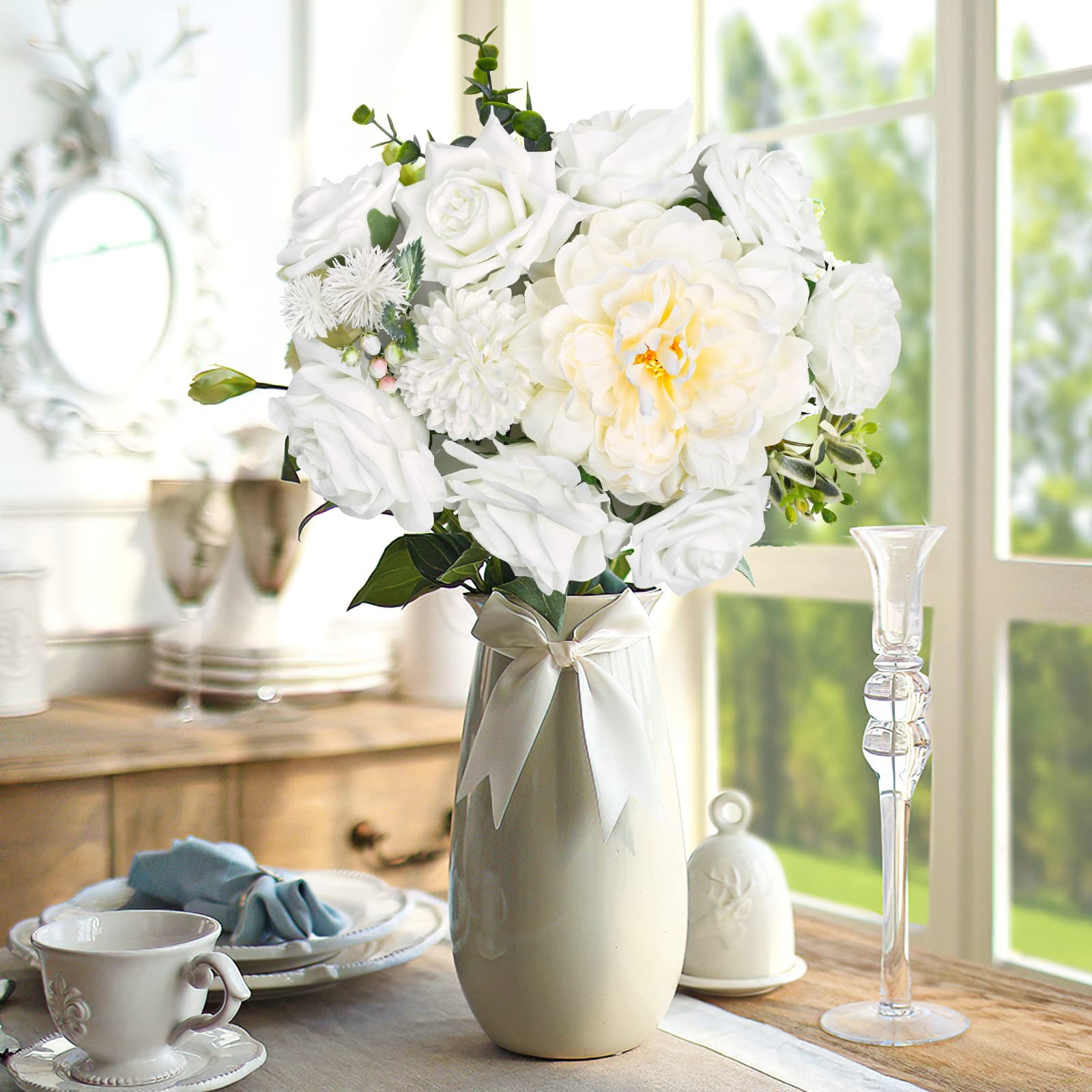 White Artificial Flowers Combo Silk Mix Peony Rose Hydrangea Daisy Fake Flowe…