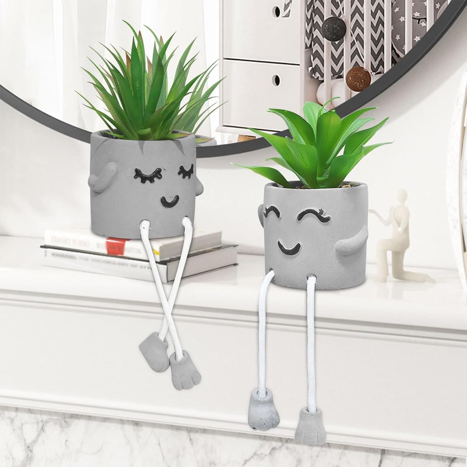 Faux Succulents In Cement Pots With Hanging Leg Potted Mini Fake Plants For Desk