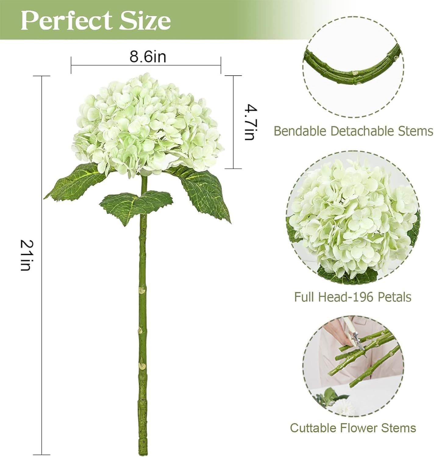 21″ Real Touch Green Hydrangea Artificial Flowers with Long Stem & Leaves, Full