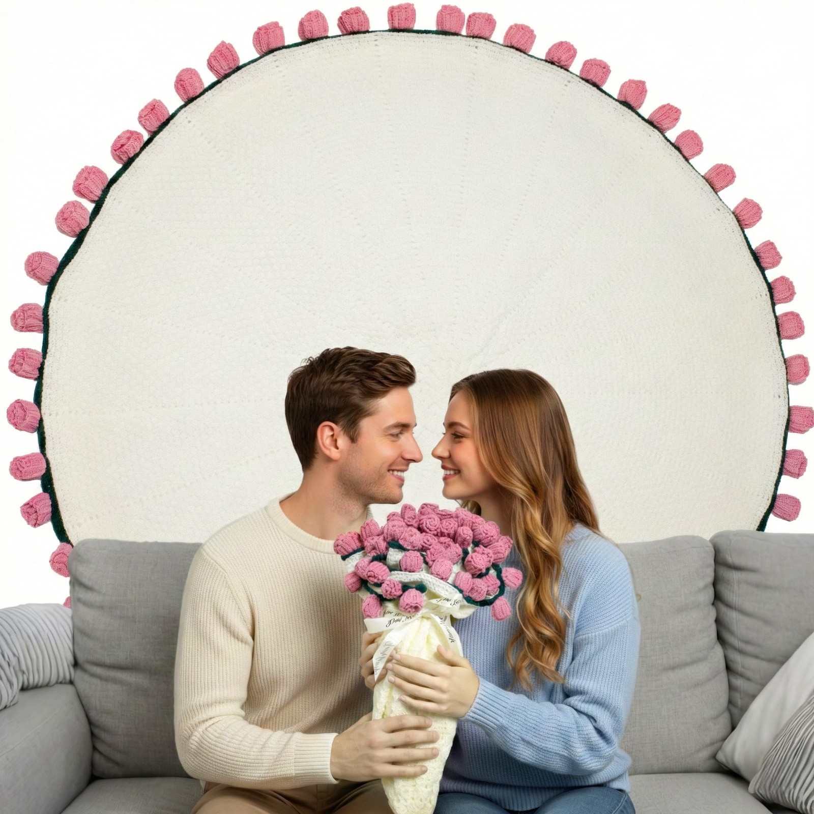 Valentines Day Gifts for Her, 59 Inch Crochet Rose Flower Bouquet Blanket,