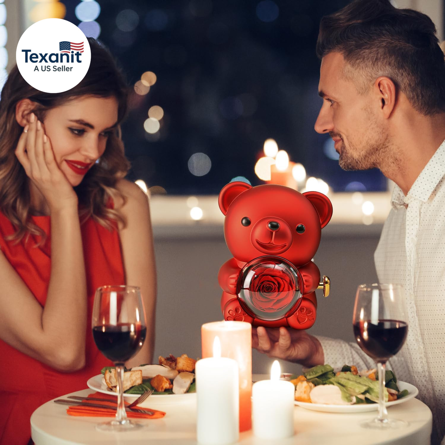 Cute Teddy Bear with Preserved Rose – a Real Rose Flower in Bear with Elegant Gi