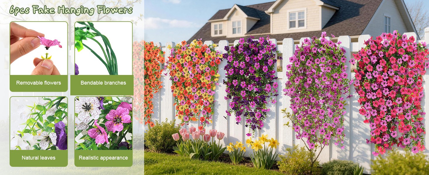 Artificial Hanging Flowers for Outdoors, 6PCS Faux Silk Artificial Flowers for