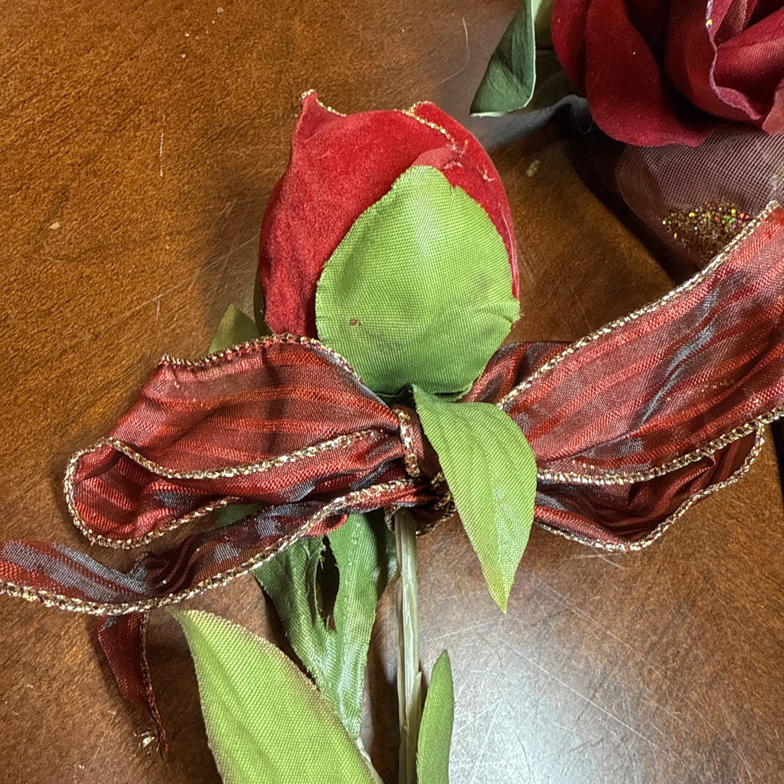 3 Pcs Faux Velvet Rose Flowers W/ Bows Christmas Pier One VTG Home Decorating