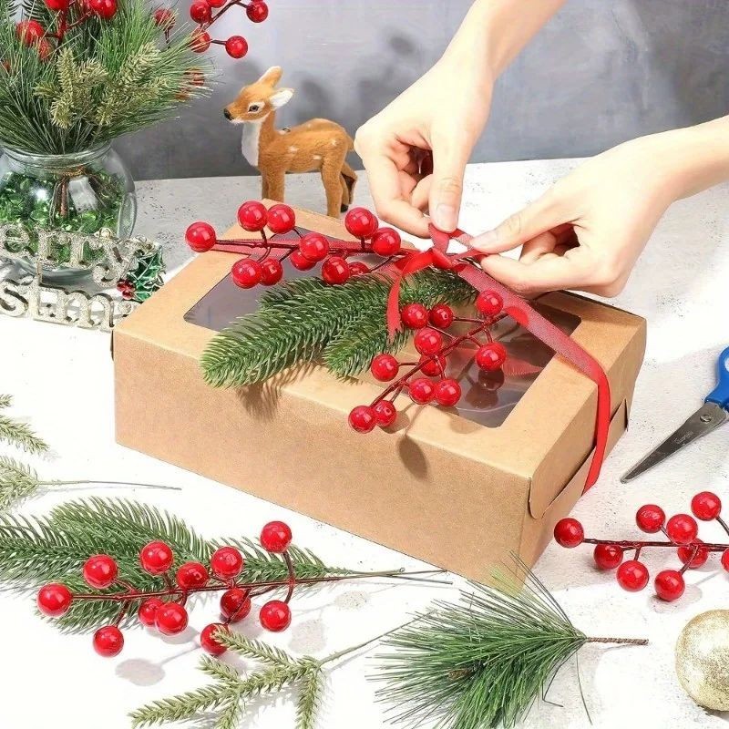 30Pcs Set Christmas Norfolk Artificial Pine Stems with Red Berry Real Touch Fas