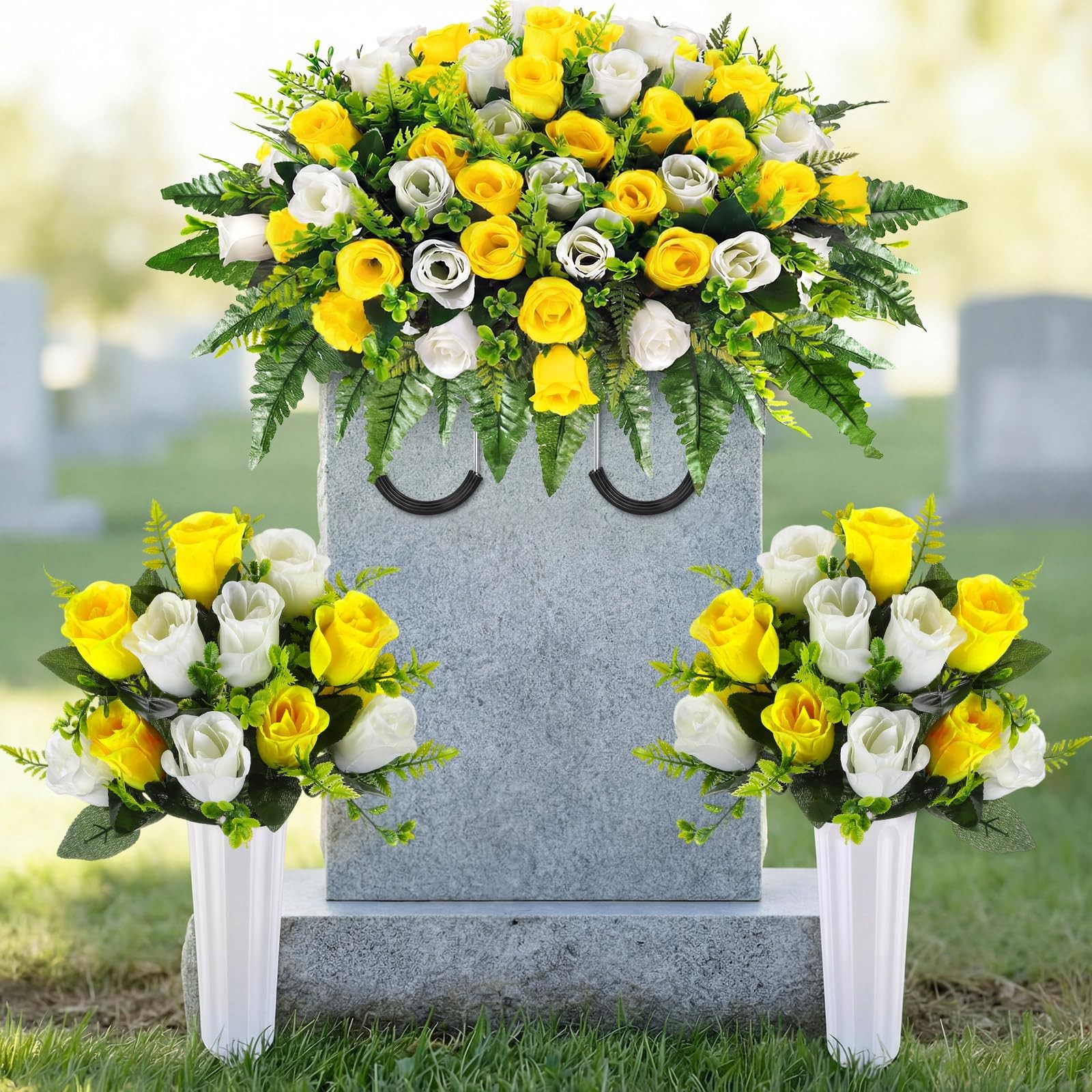 3 Pcs Artificial Cemetery Flowers for Grave Set 19.7″x13.8″ 1 Headstone Flowe…