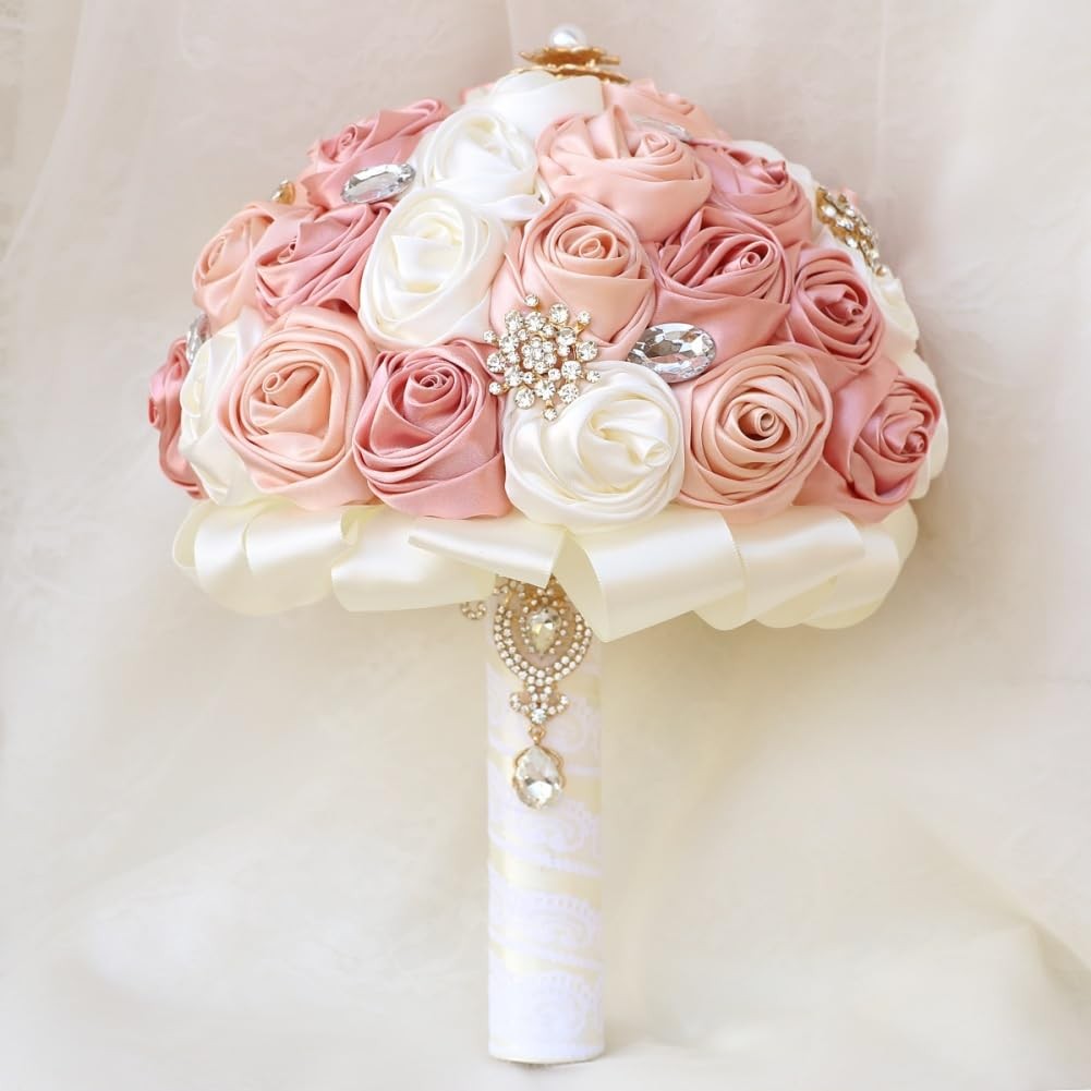 Blush Pink and Ivory Bridal Wedding Bouquet with Gold Brooch Bling Rhinestone…