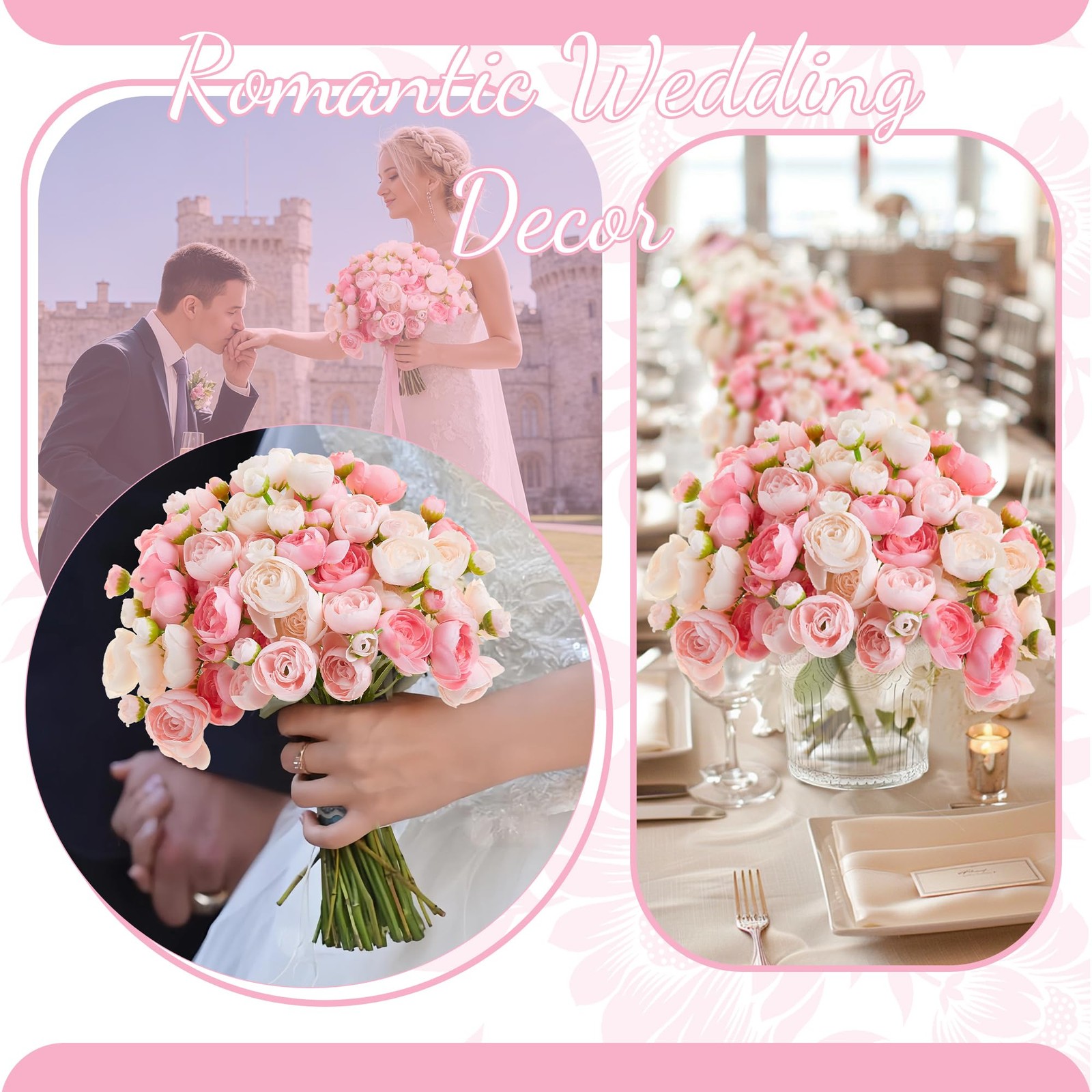 15 Pcs Ranunculus Artificial Flower Pink Faux Silk Mini Peony Wedding DIY