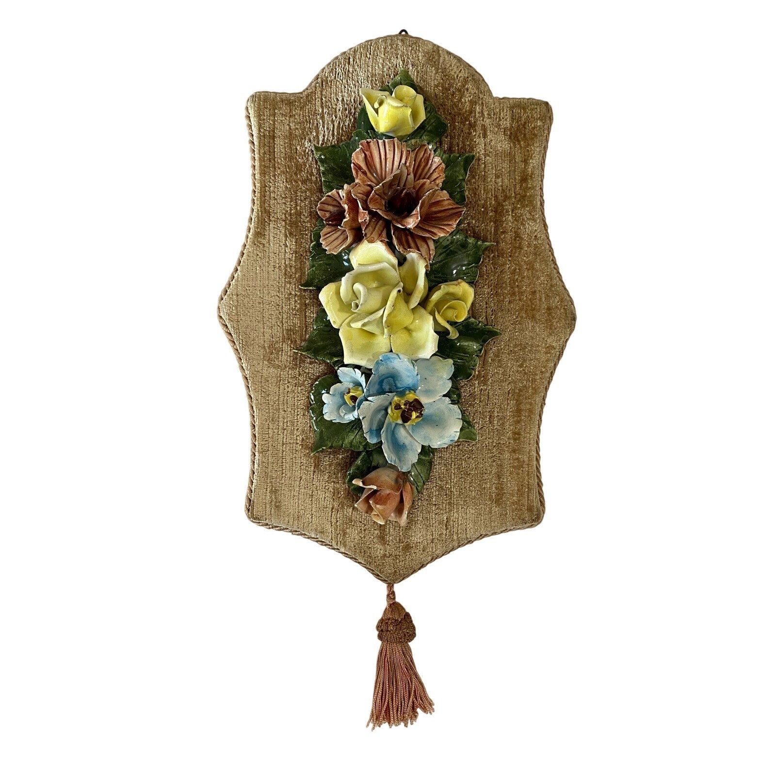 Capodimonte Floral Wall Plaque Porcelain Italy 1960s Velvet Back Tassel 12”