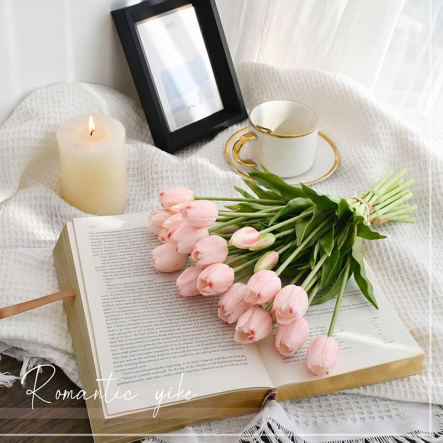 60 Pcs Pink Artificial Tulips Flowers Bouquet Bulk, Fake Tulips15.8″ Realistic S