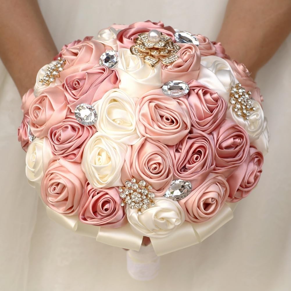Blush Pink and Ivory Bridal Wedding Bouquet with Gold Brooch Bling Rhinestone…