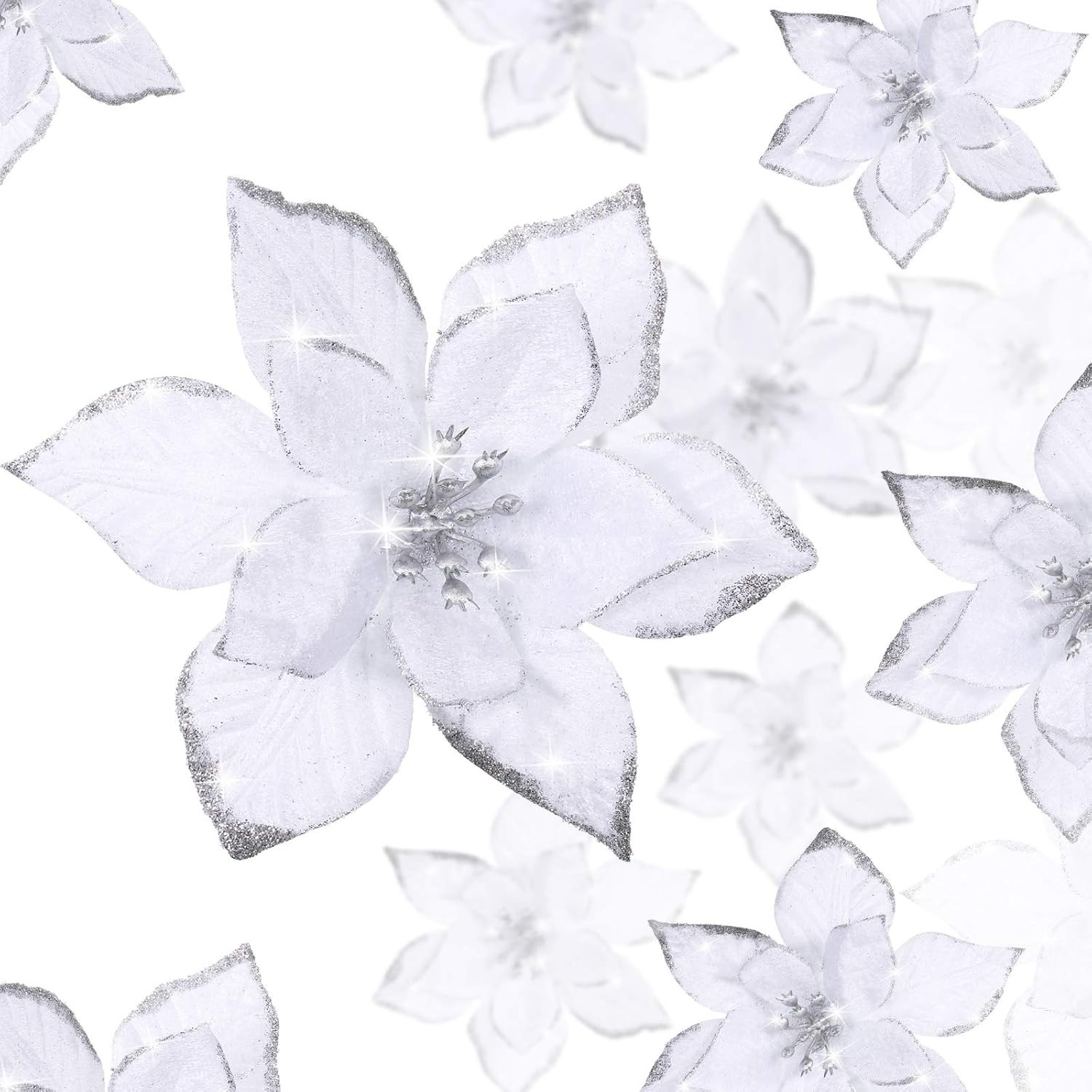 36 Pcs 3 Size Christmas Poinsettia Christmas Tree Flowers Glitter Faux Flower…