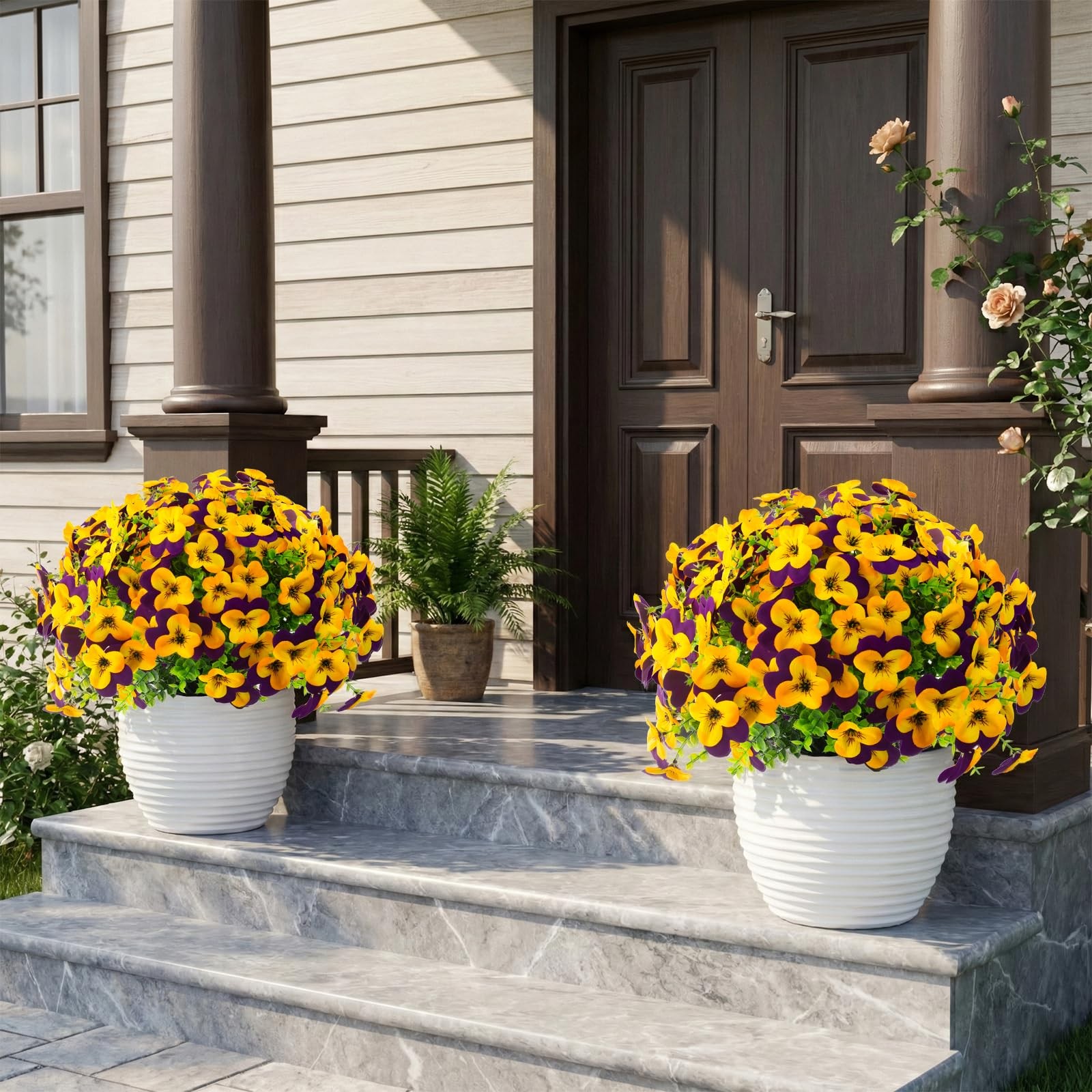 2 Set Artificial Outdoor Pansies Flowers with Hanging Baskets, 2 Hanging Plan…