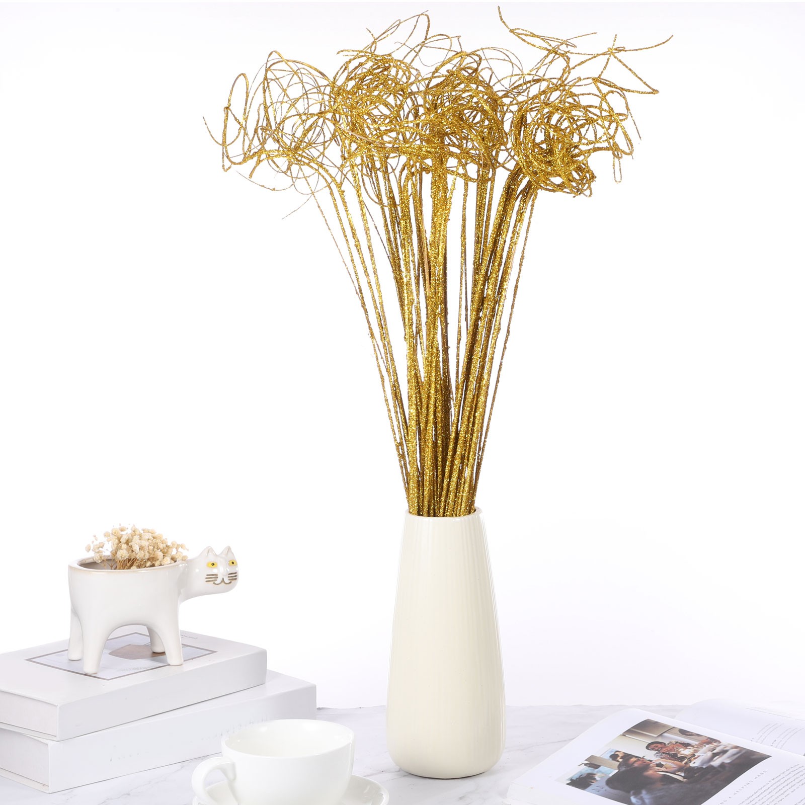 60 Pcs Glitter Dried Curly Willow Branches Natural Branches Twigs, Gold