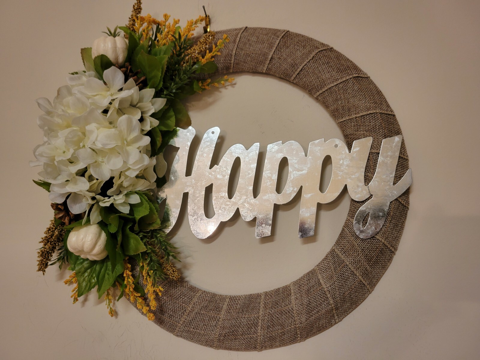 HAPPY white green sunflower Hydrangea pumpkin cone burlap WREATH FALL Decor Door