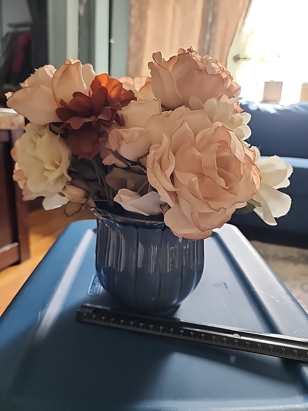 Silk Roses Flowers in Blue Ceramic Planter 9″