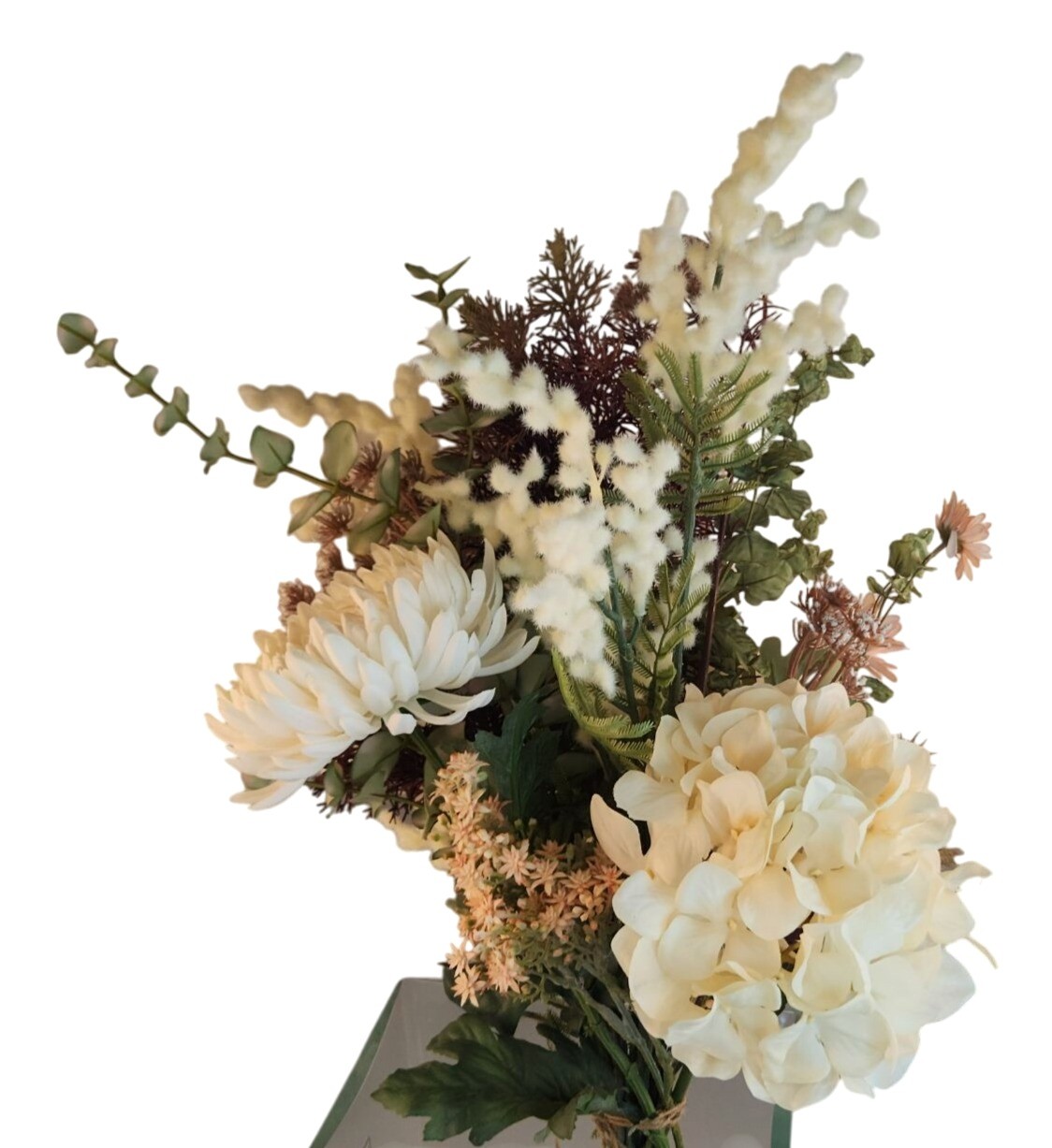 Artificial Floral Arrangement Beige Hydrangea & Cream Mum Bouquet Hand Tied