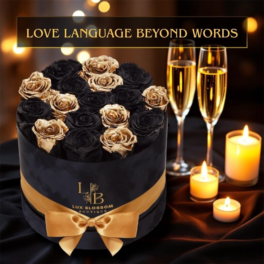 17 Black & Gold Forever Roses in Velvet Box – Luxury Preserved Graduation Gifts,