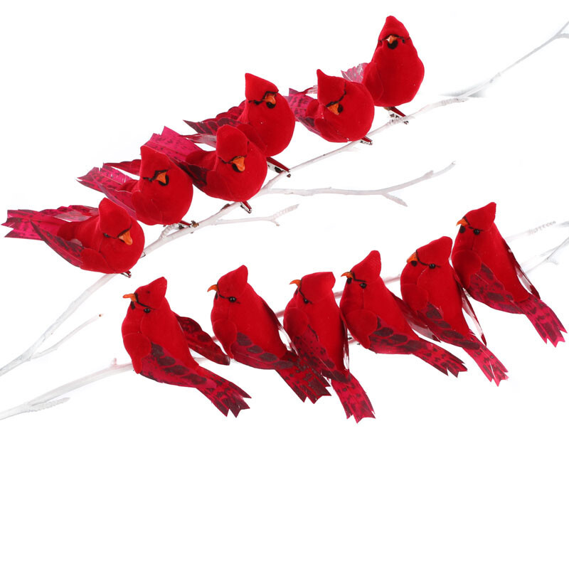Set of 12 Artificial Flocked Northern 3-1/2″ Cardinal Birds with Clips