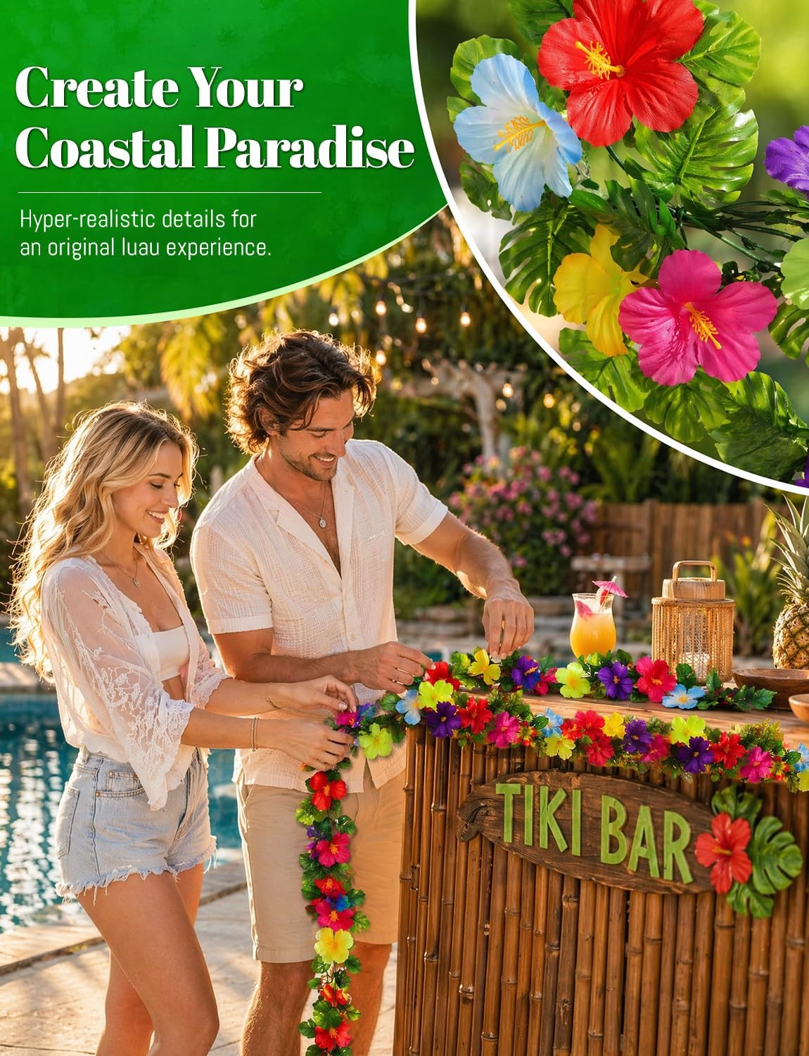 2 Pcs Tropical Hibiscus Flower Garland, 7 FT Artificial Monstera Ivy Leaf Vin…