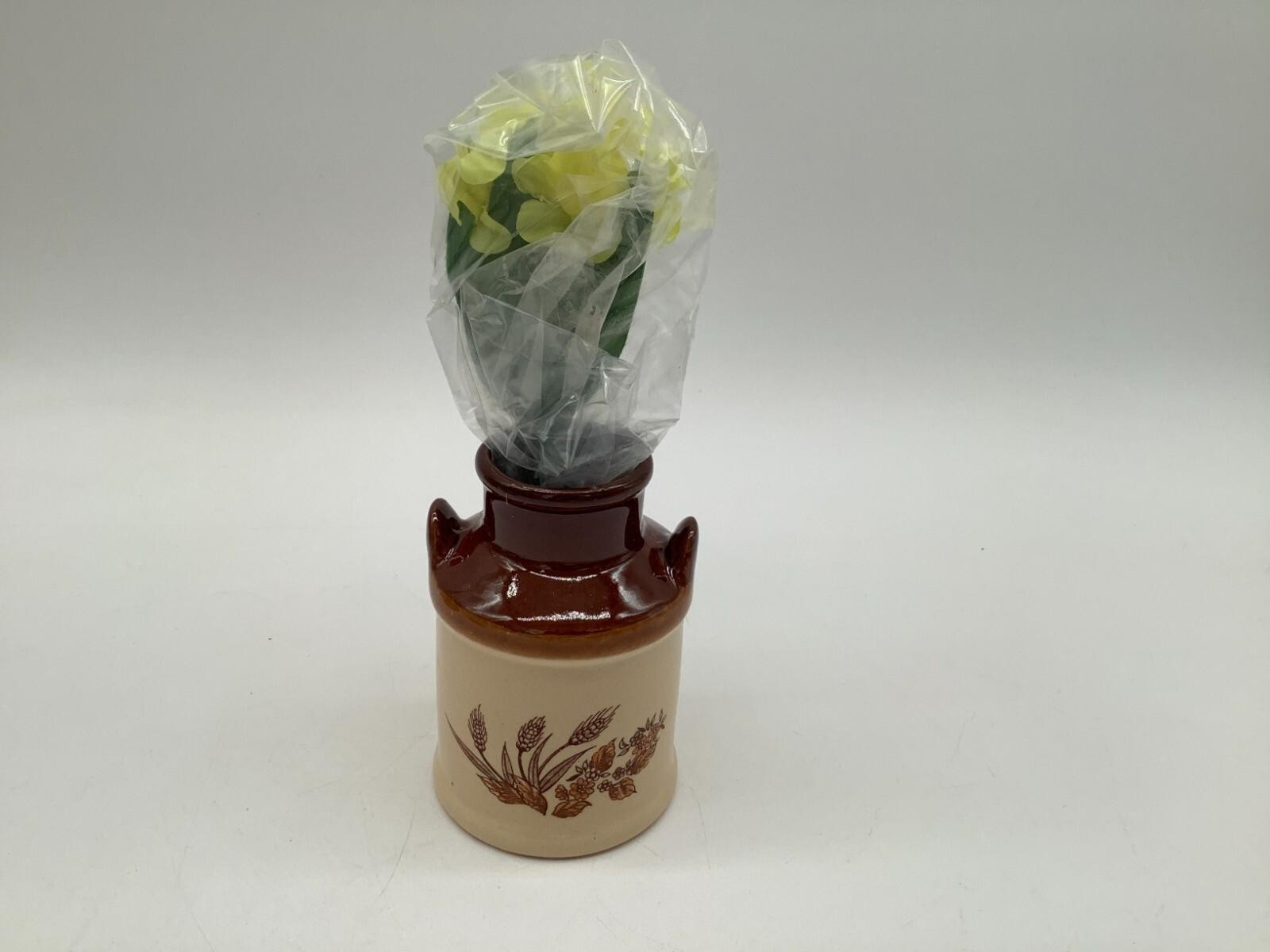 Vintage Country Collection Decor Holder With Dried Flowers Brown Beige Stoneware