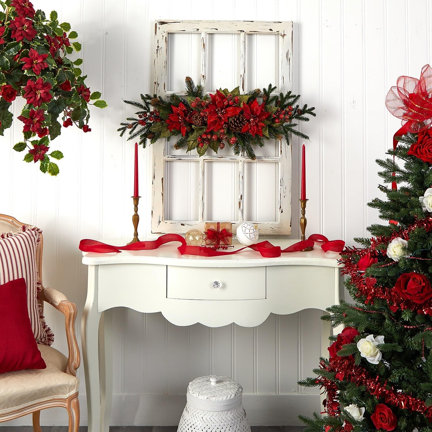 Nearly Natural Poinsettia & Berry Centerpiece