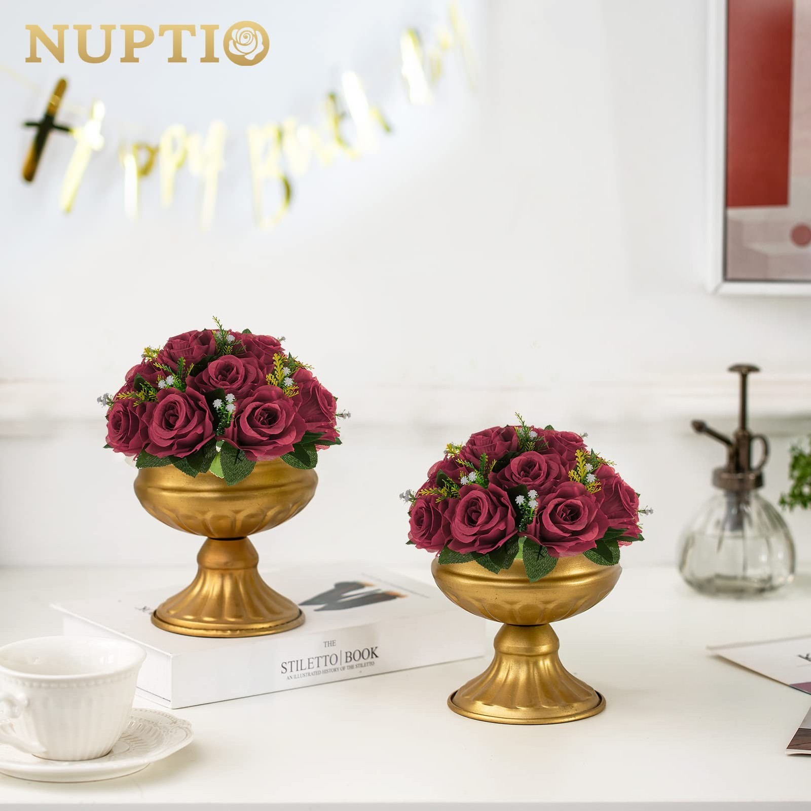 NUPTIO Flower Ball Arrangement Bouquet – 6 Pcs 9.5 inch Diameter Burgundy Fak…