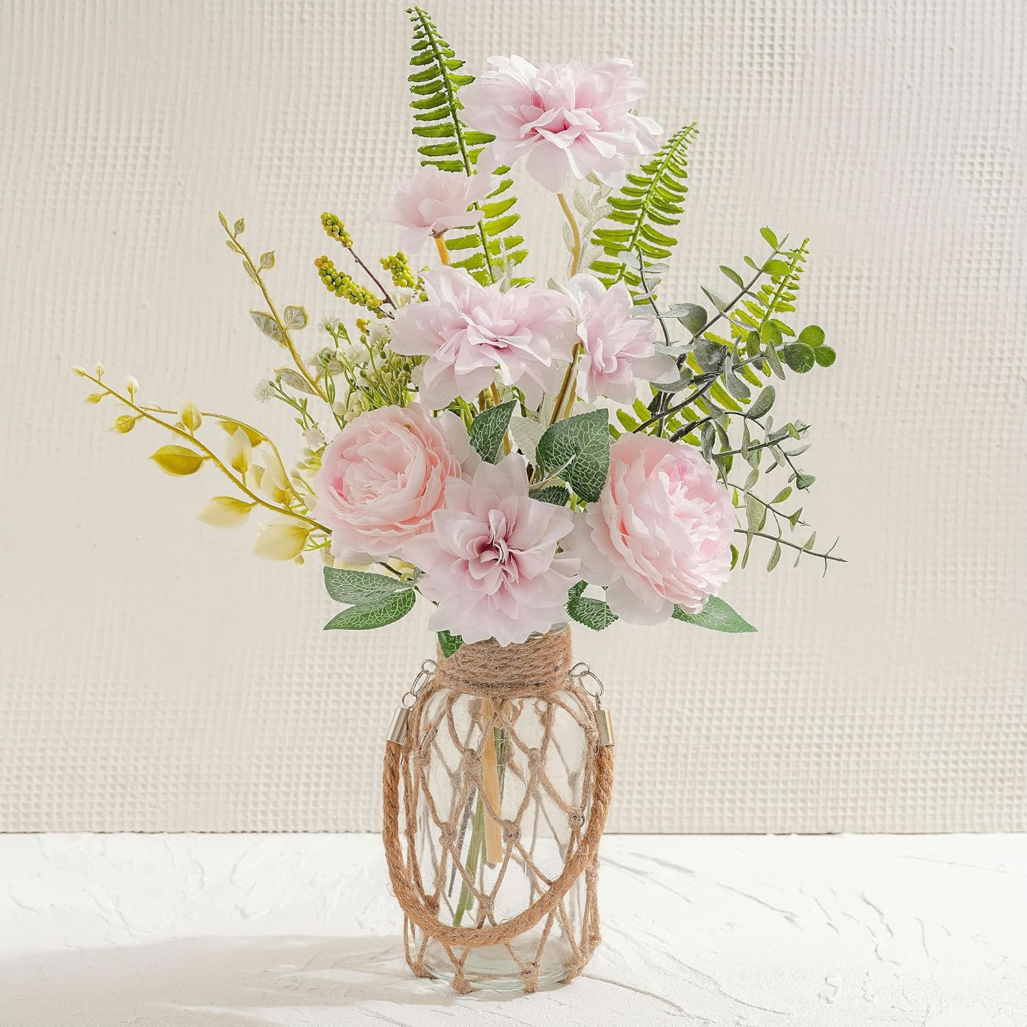 Fake Flowers with Vase – Artificial Light Pink Dahlia Flowers Arrangement, Flora