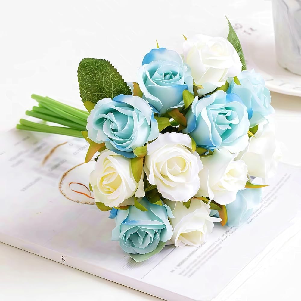 Blue White Artificial Roses Flowers 12 Heads Arrangement Silk Bouquet 1 PCS