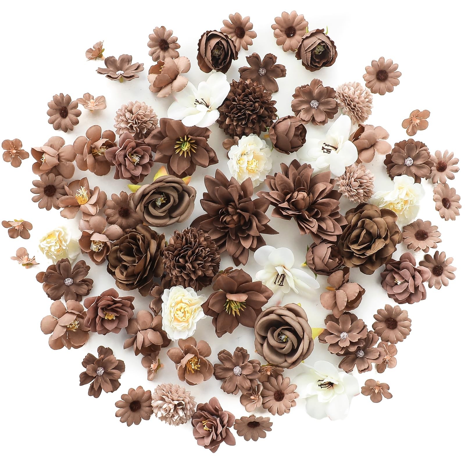 Mini Artificial Flower Heads Brown & Taupe Fake Peony Daisy Rose Multicolor S…