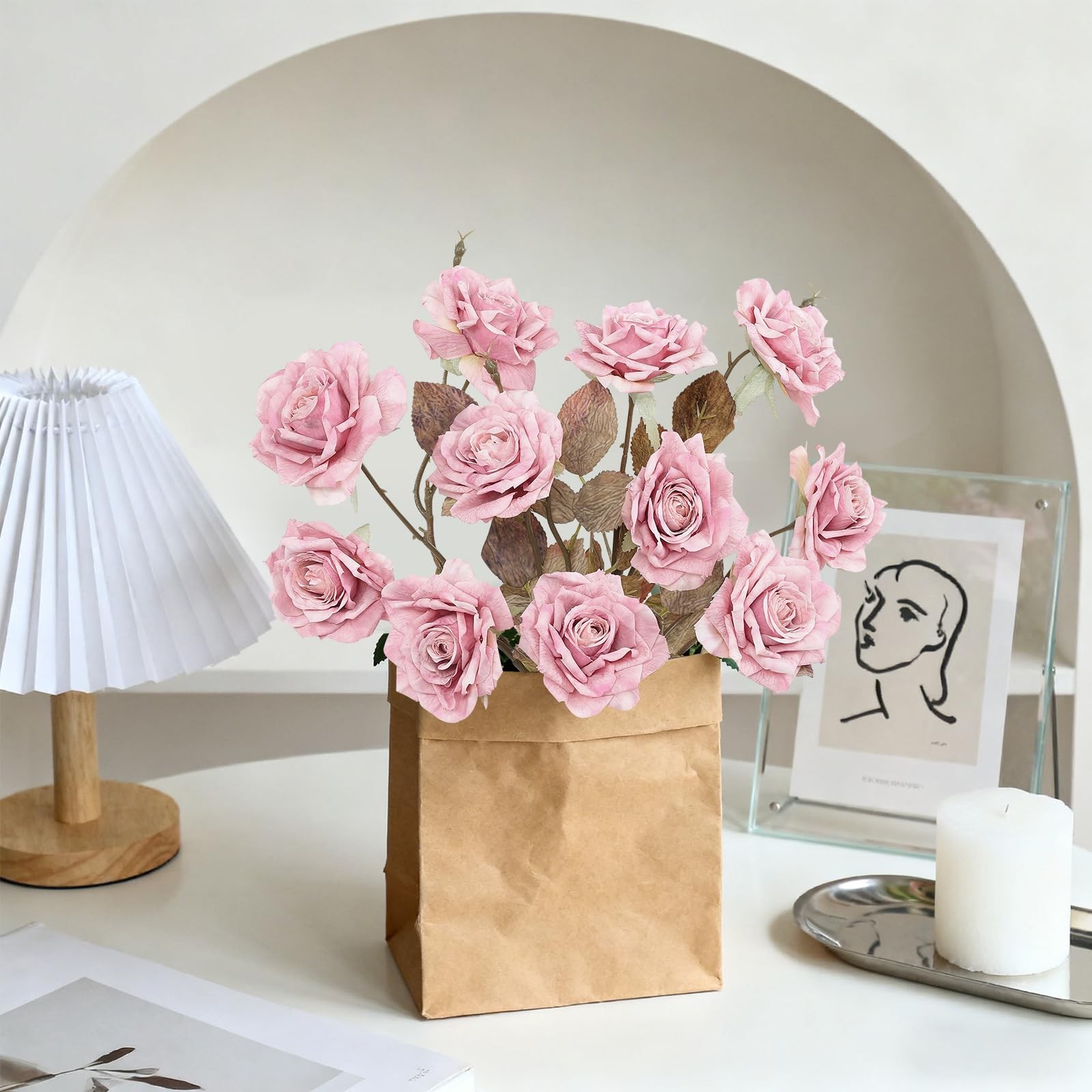 12 Blooms Pink Roses Artificial Flowers, 4Pcs Vintage Faux Roses with 27.5” L…